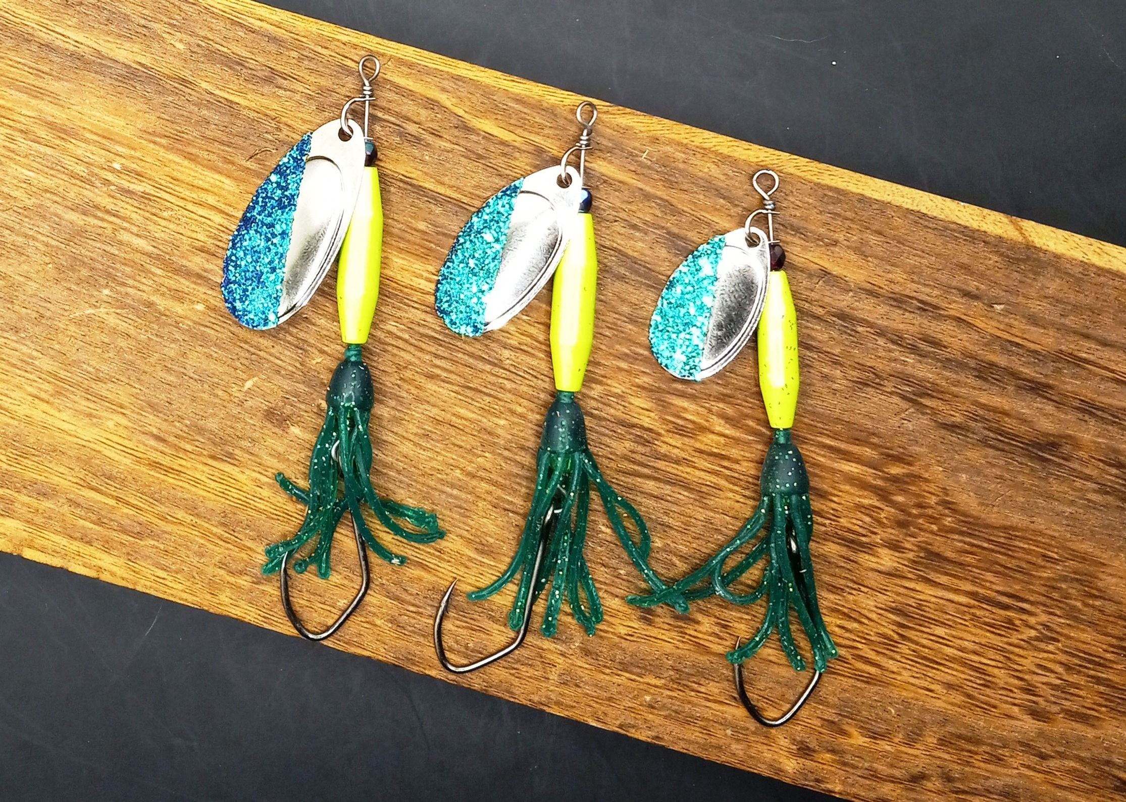 Yellow Chartreuse, Kraken Blue/ Nickel Blade and Green Nikko Octopus