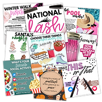 Collage of colorful social media graphics and engagement posts, including seasonal themes, beauty tips, giveaways, polls, and