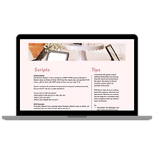 Laptop mockup displaying a digital resource with two columns labeled “Scripts” and “Tips.” The content includes party invitat