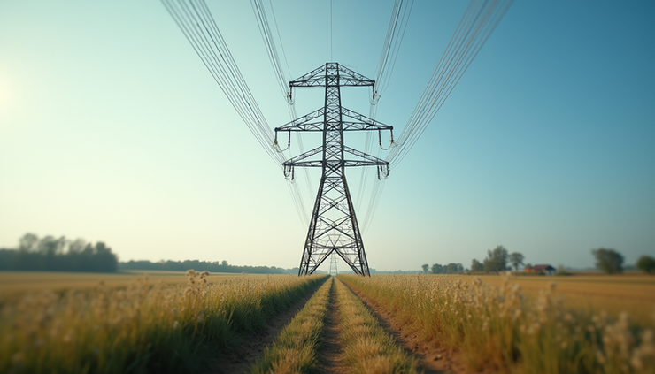 Eye-level view of a high-voltage lattice transmission tower standing tall against a clear sky