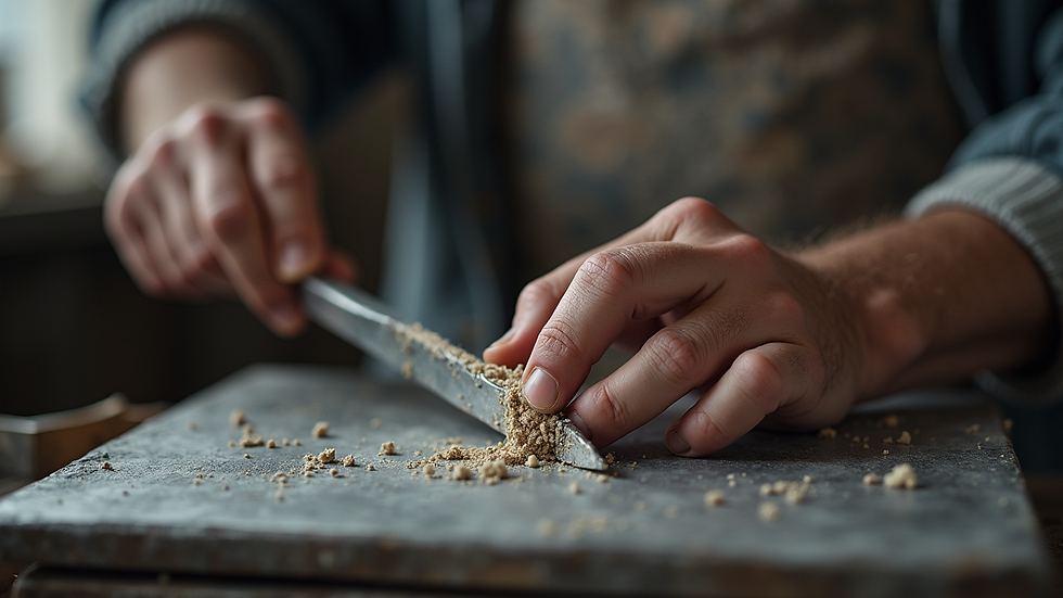 Vue en plongée d’un artisan zingueur posant un chéneau en zinc sur une toiture