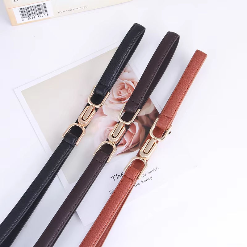 Thumbnail: Simple Fashion Womens Leather Skinny Belt for Dress Adjustable Thin Waist Belt D