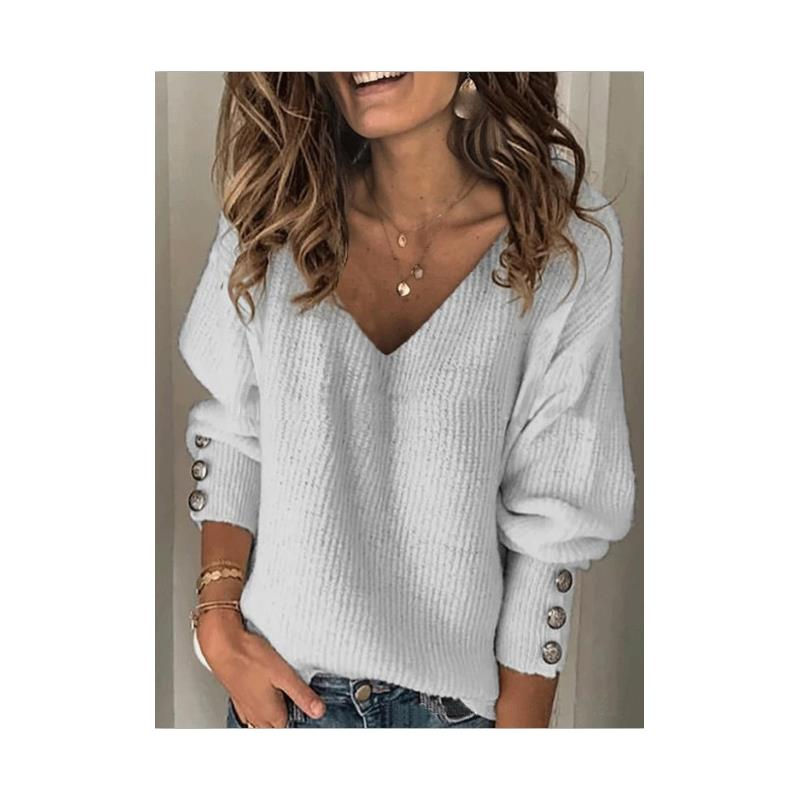 Thumbnail: Fashionable Women's Knitted Long Sleeve V-Neck Loose Fit Pure Color Versatile Au