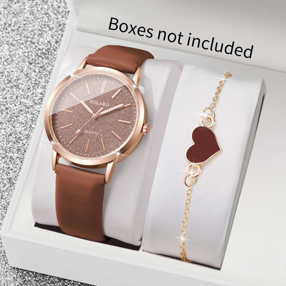 2PCS Fashion Women Watch Heart Bracelet Set Casual Leather Strap Quartz Wristwat