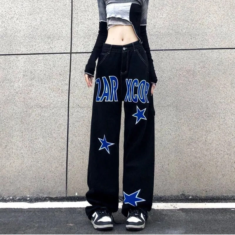 Thumbnail: New Women's Printed Wide Leg Casual Jeans High Waist Slimming Loose Covering Str