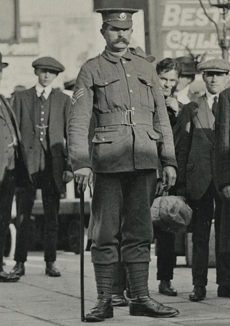 Sergeant Ben Nicholls. He was still alive at the end of the First World War because he did not leave Cornwall for the battlefront, his role as the recruiting sergeant for the parliamentary constituency of Redruth and Camborne (known as the Mining Division) was to persuade others to do so.