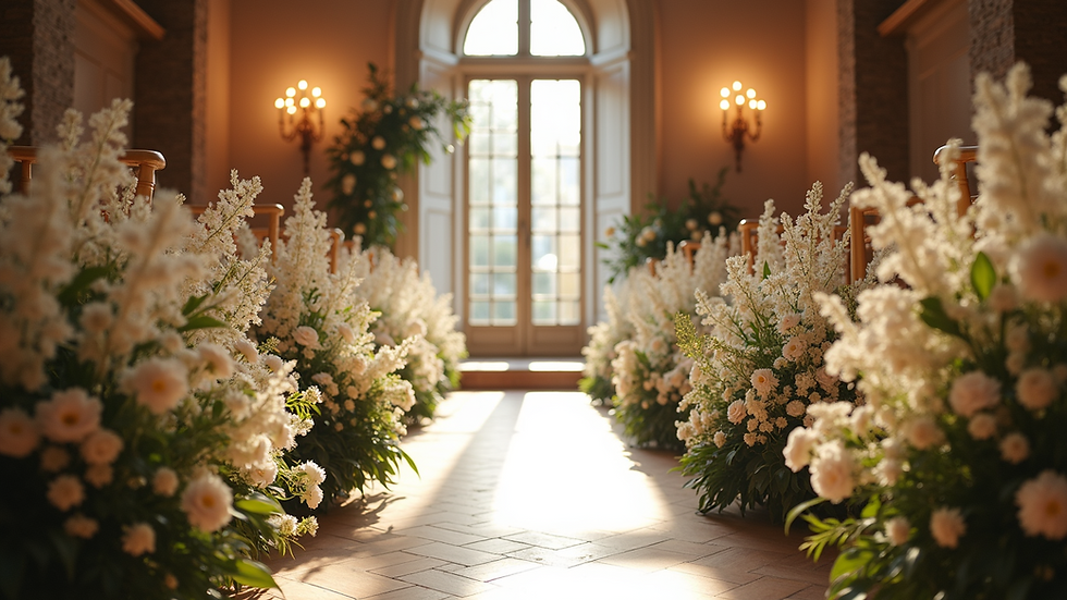Close-up view of a wedding venue setup with floral decorations