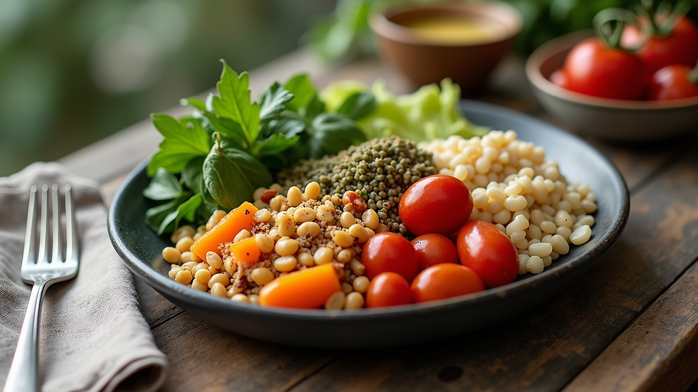 High angle view of a balanced meal with vegetables, grains, and legumes on a plate