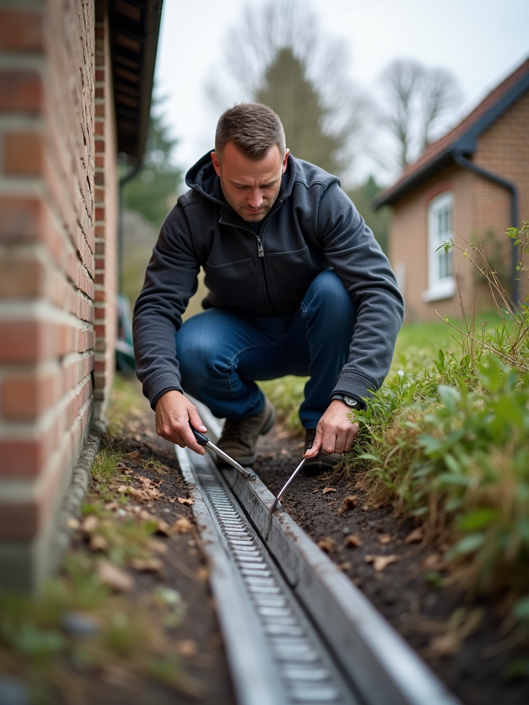 homeowner in backyard looking at drainage services provided in Austin Texas