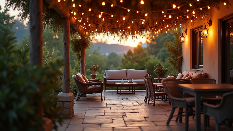Eye-level view of a shaded patio with string lights and comfortable seating