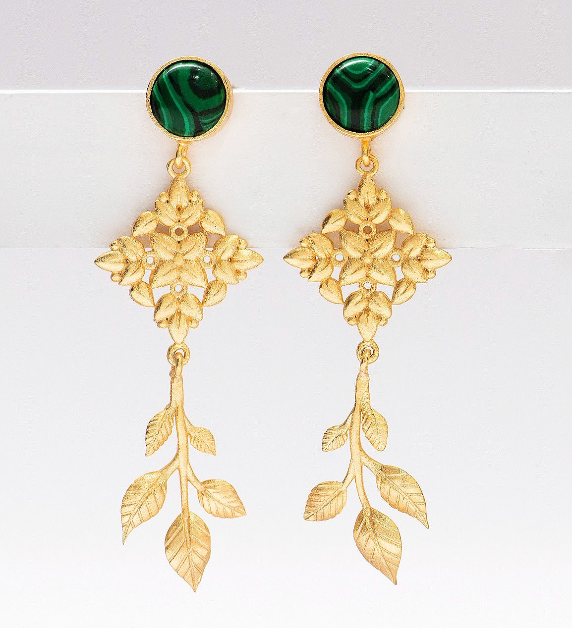 Square Leaf Drop 22k Gold Plated Earrings In Green Malachite