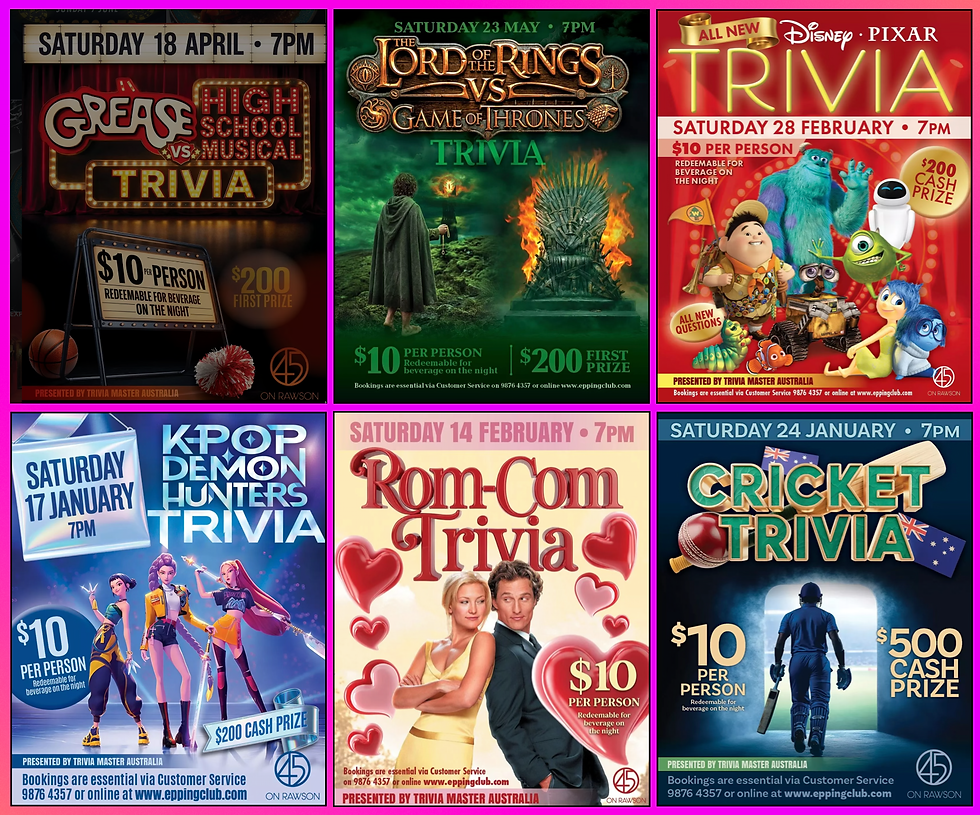 Six posters for themed trivia events
