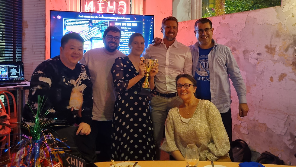 Group with a trophy at a Trivia Corporate Sydney event with Trivia Master Australia.