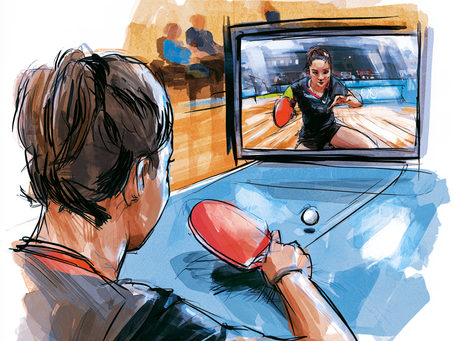 A digital illustration of a table tennis player viewed from behind, holding a red paddle at a blue table while watching a video replay of a match on a computer monitor.