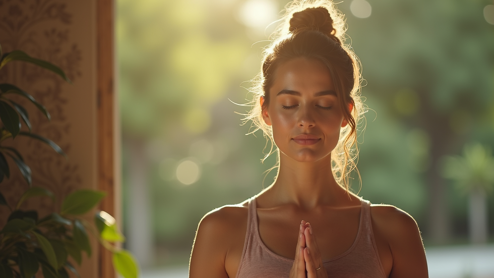 Close-up view of a woman practicing mindfulness in a serene environment