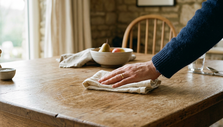 Close-up view of a wooden dining table being wiped clean before sale.