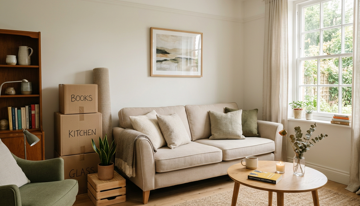 Wide-angle view of a tidy living room with a sofa ready to be sold.