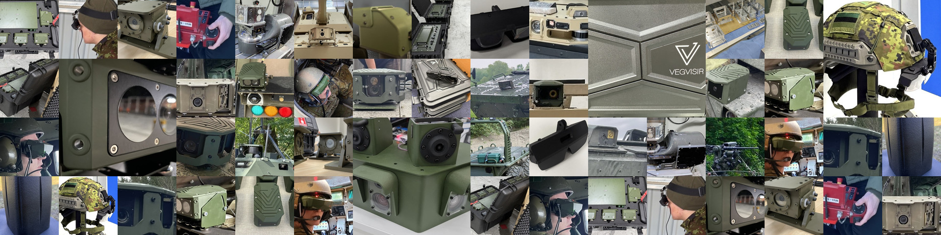 Grid of Vegvisir hardware integrated on platforms — cameras, modules, helmets and displays