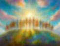 A vibrant, impressionistic painting of diverse people standing hand in hand on a sunlit hill, symbolizing global unity, spiritual oneness, and collective hope for a brighter future. Perfect for themes of peace, community, faith-based harmony, and humanitarian togetherness