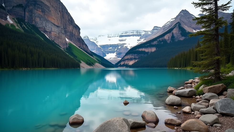 Eye-level view of turquoise Lake Louise with the surrounding mountains