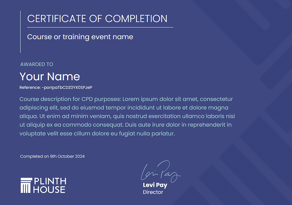 Image of a sample certificate for a Plinth House training course