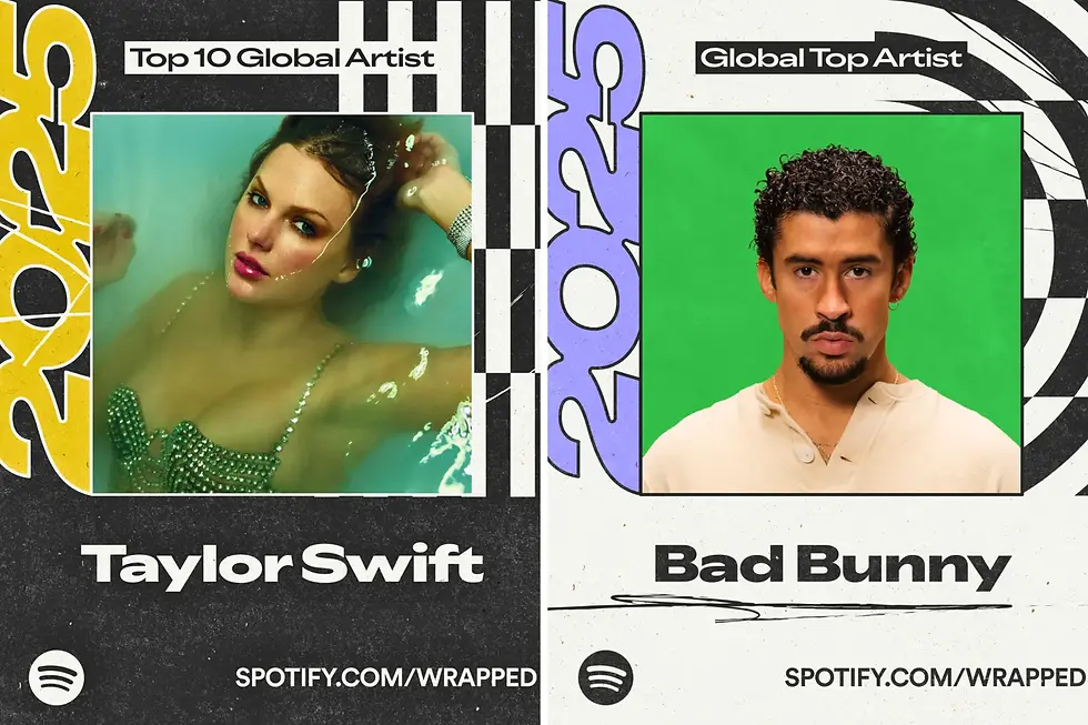 Promotional cards for Taylor Swift (L) and Bad Bunny (R) on Spotify's 2025 "Wrapped" service. Credit: SPOTIFY