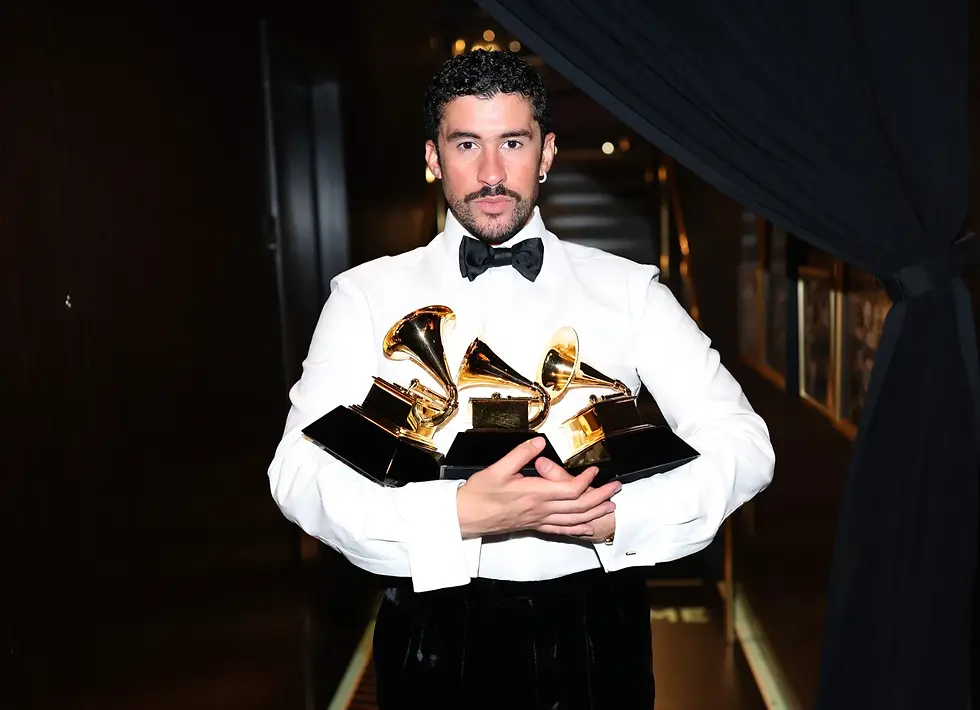 Bad Bunny poses with his awards during the 68th Grammy Awards at Crypto.com Arena on February 1, 2026 in Los Angeles, California. Credit: GETTY IMAGES