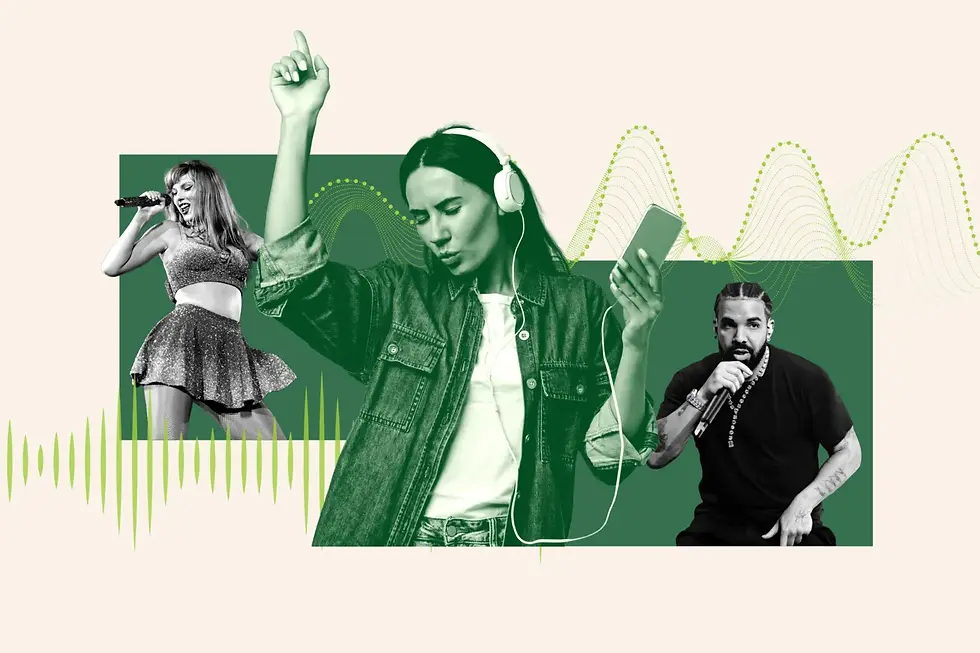 A Newsweek Illustration shows Taylor Swift (L) a woman listening to music with headphones on and Drake (R). Credit: NEWSWEEK
