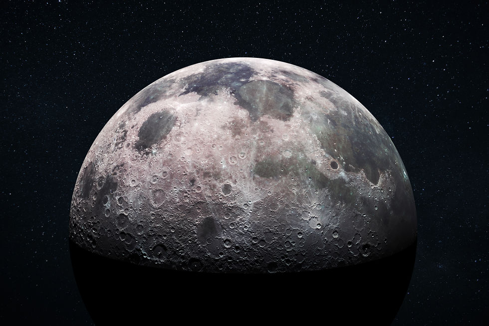Space view of the moon's cratered surface with a star-filled outer space background. Credit: GETTY IMAGES
