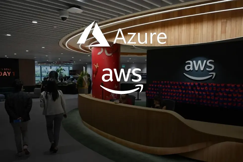 Reception aziendale con loghi AWS e Azure, nostri partner per lo sviluppo di serverless e soluzioni AI.