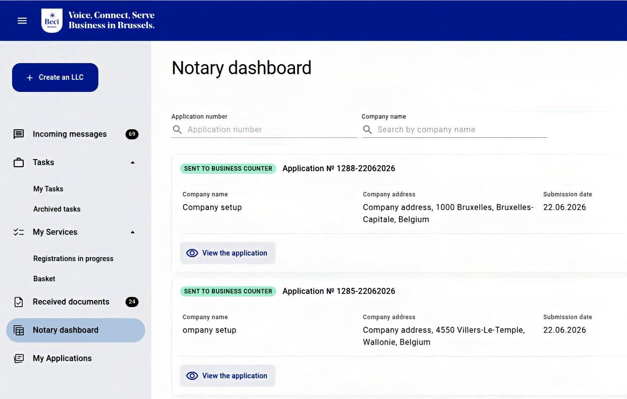 BelDoc Notary Dashboard met de oprichtingsaanvragen die aan een notaris zijn toegewezen en hun huidige status.