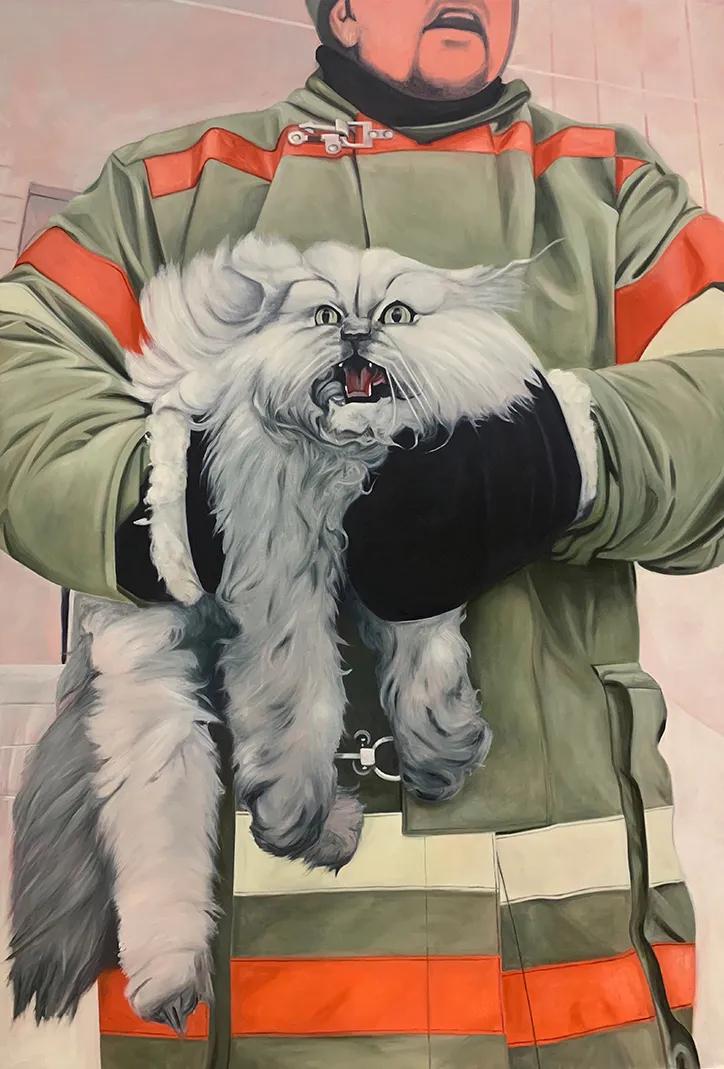 This artwork, created by emerging artist Lydia Blakeley, depicts a fireman holding a cat.