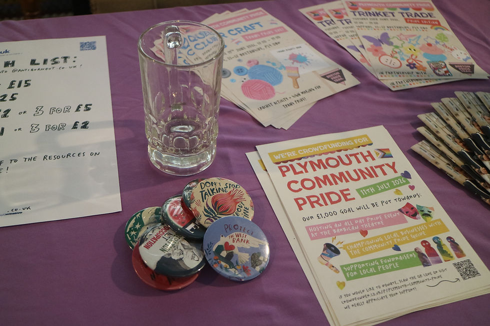 a table of queer paper resources and free Gaza badges