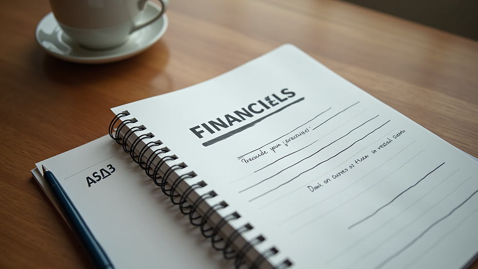 High angle view of a notebook with financial goals and a pen on a wooden table