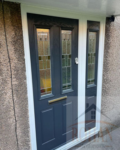 hurst doors blue upvc front door with matching side panel stoke.JPG