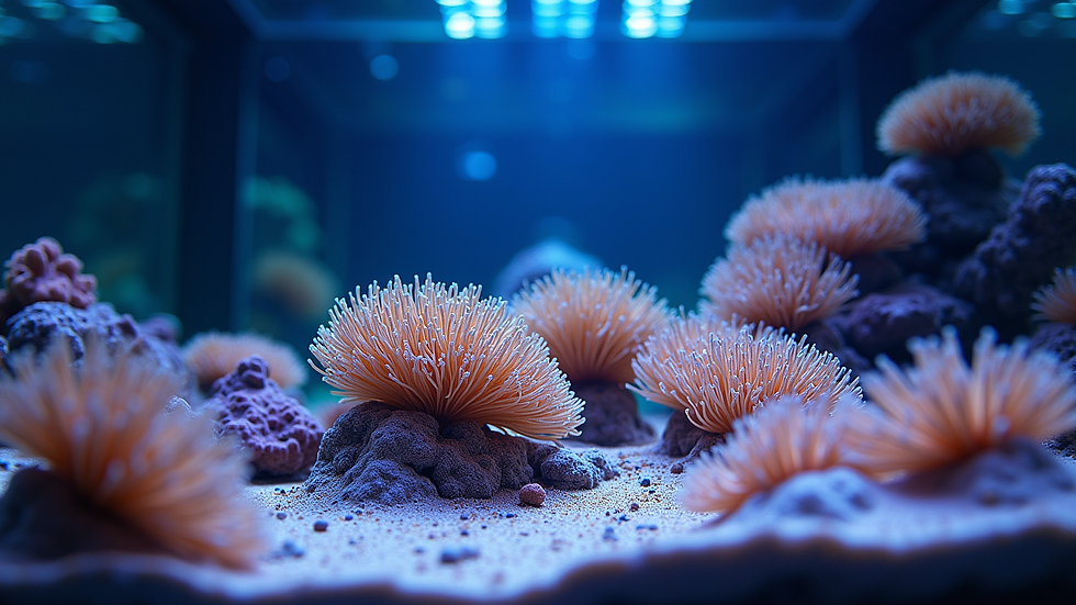 Eye-level view of a marine aquarium setup with LED lighting and coral colonies