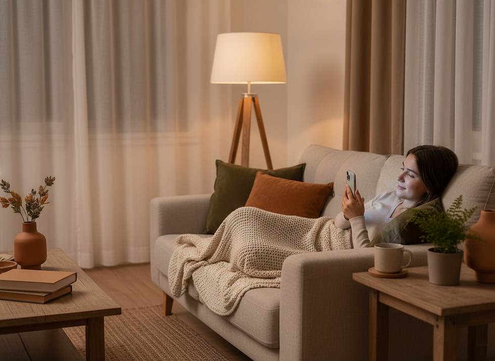 A woman cozy on the couch, physically alone, but reaching out to friends.