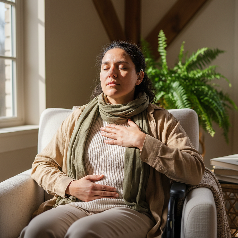 Person practicing a quick breathing reset to release tension.