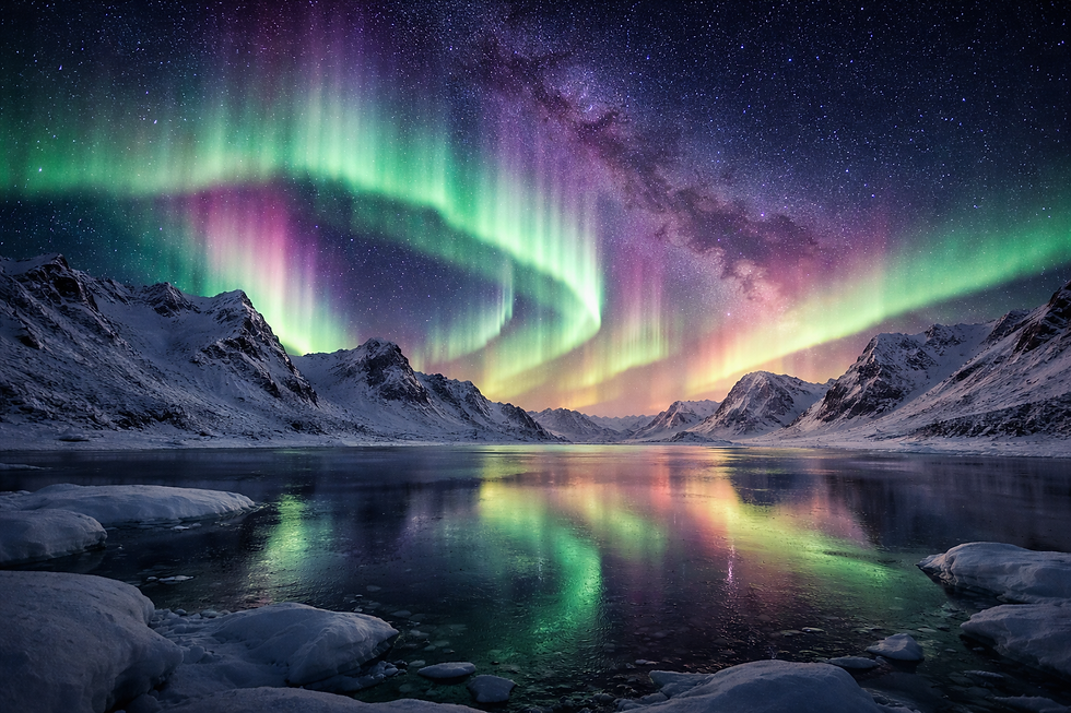 Aurora borealis over snow-capped mountains.png