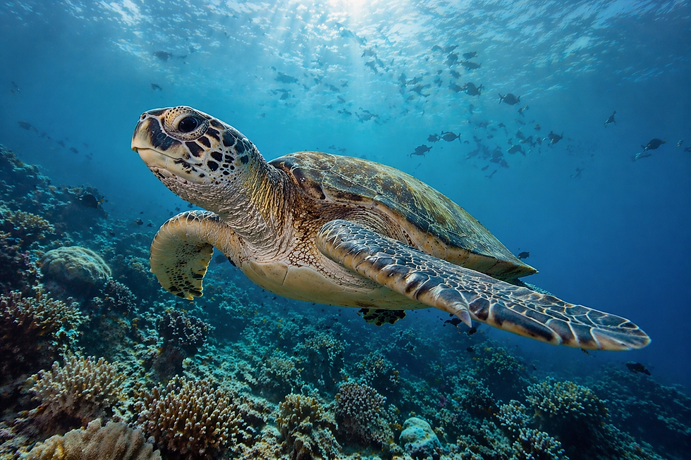 Graceful turtle gliding over coral reef.png