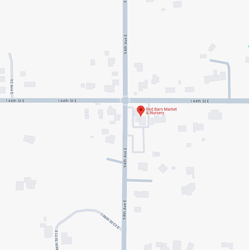 A map showing the location of Red Barn Market & Nursery at the intersection of 94th Ave E and 144th St E in Puyallup, WA, providing clear guidance for visitors looking to find the market easily.
