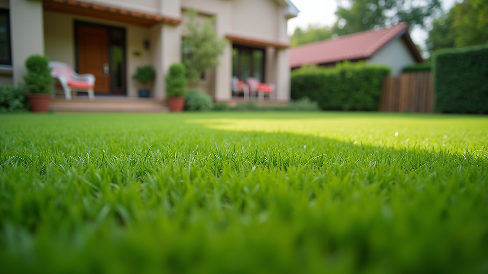 Eye-level view of freshly installed astroturf on a residential lawn