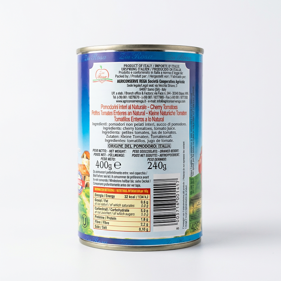 Zia Rosa Pomodorini Interi al Naturale tin label showing ingredients and nutritional information