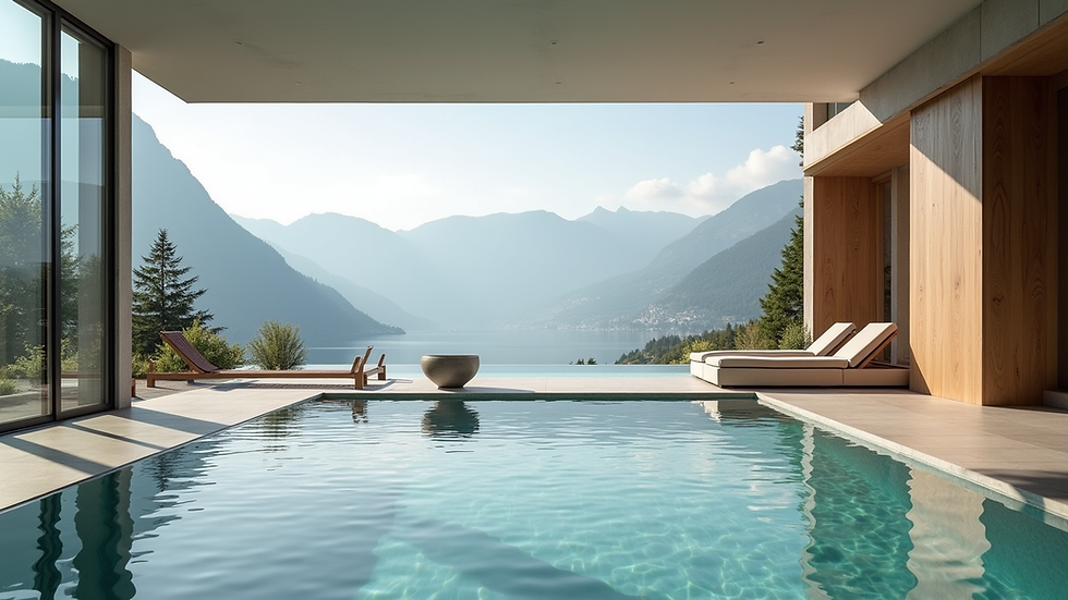 Vue en plongée d’un salon lumineux dans un appartement moderne à Montreux