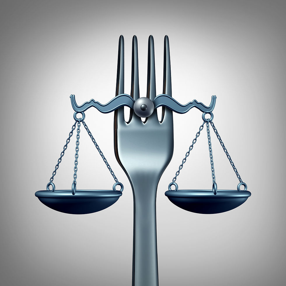 A silver fork holds a balance scale on top, symbolizing justice. The setting is a gradient gray background, creating a serious mood.