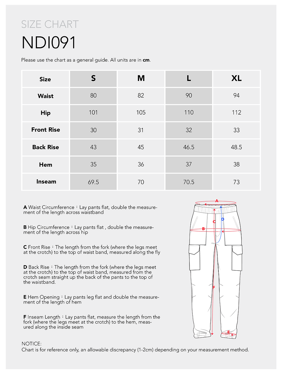 Thumbnail: NDI091 UTILITY CARGO PANT SIZE CHART