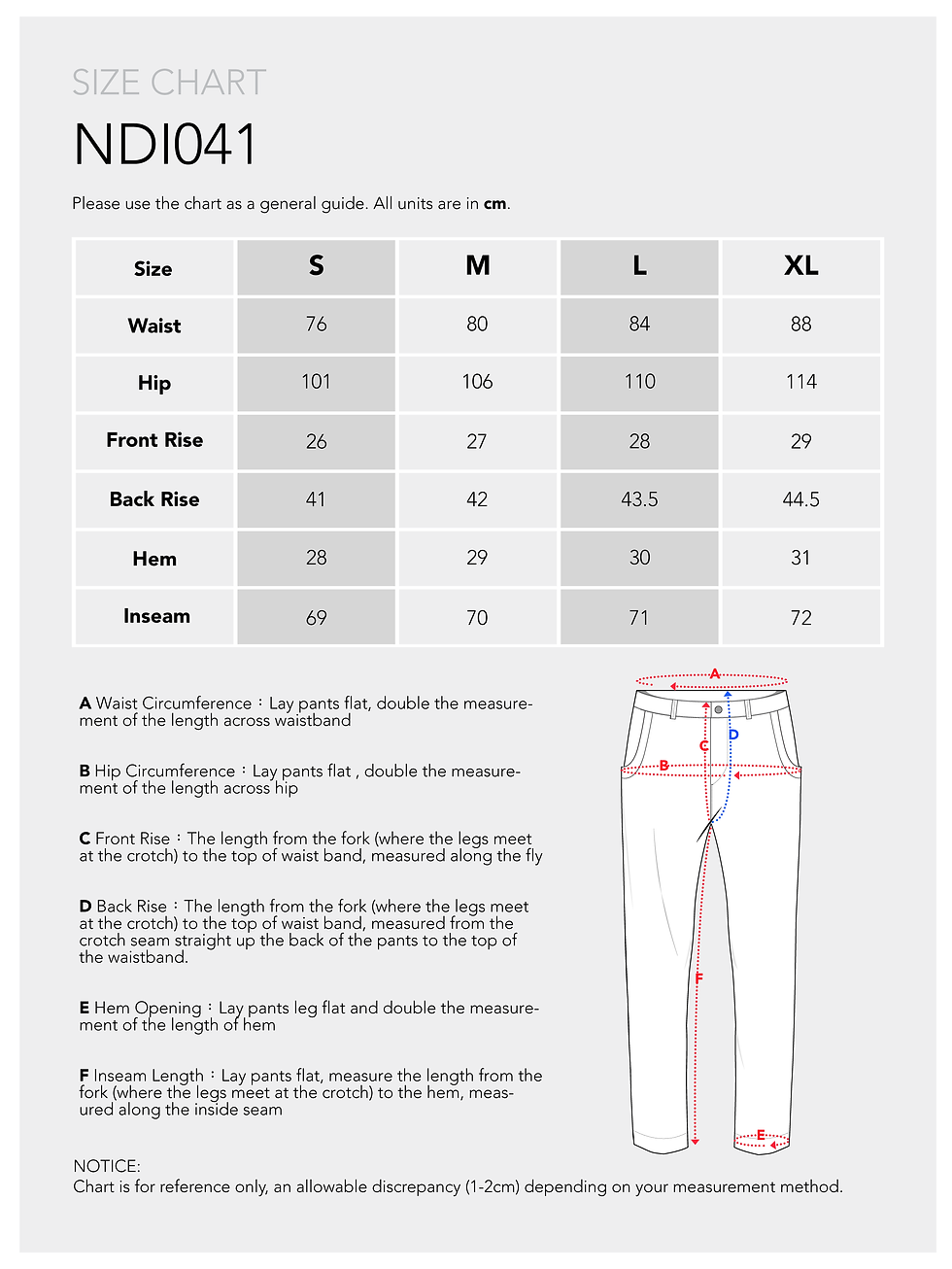Thumbnail: NDI041 TAPERED PANT SIZE CHART