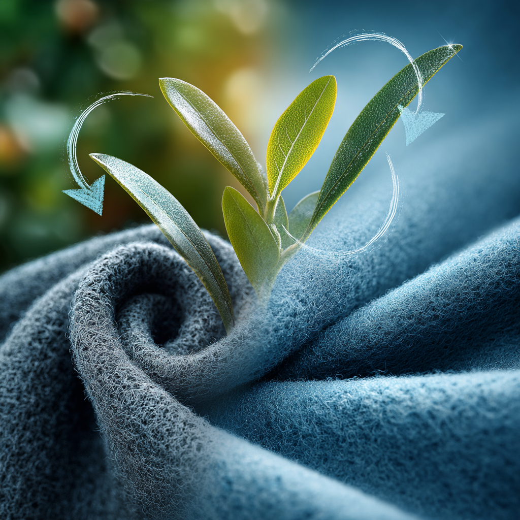 Dynamic product shot of high-performance textile transforming from plastic bottle waste to smooth fabric sheet, split-image composition with recycling arrows, lush botanical background, soft depth of field emphasizing breathable texture, eco-friendly color palette of blues and earth tones