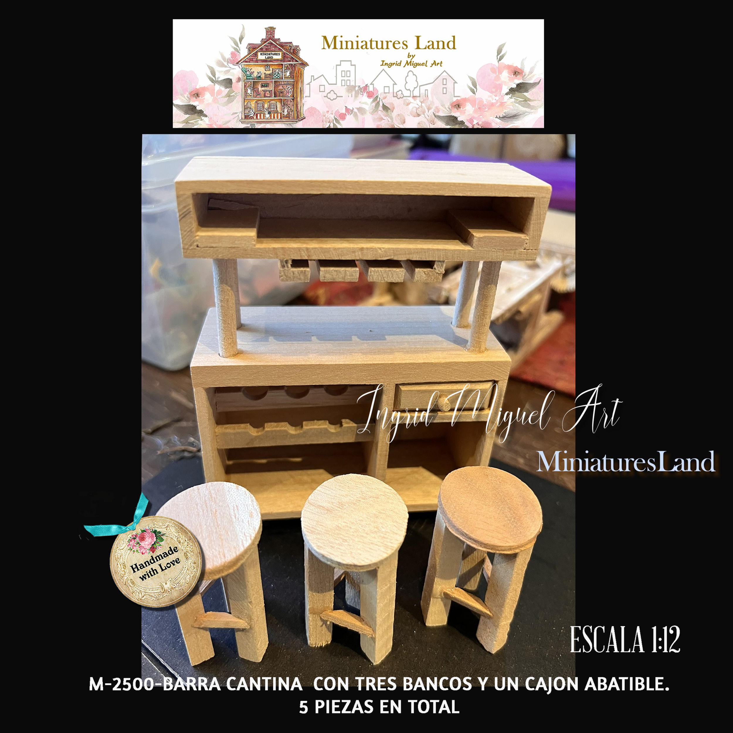 Barra de bar con tres bancos de madera solida /Miniaturas/M-2500