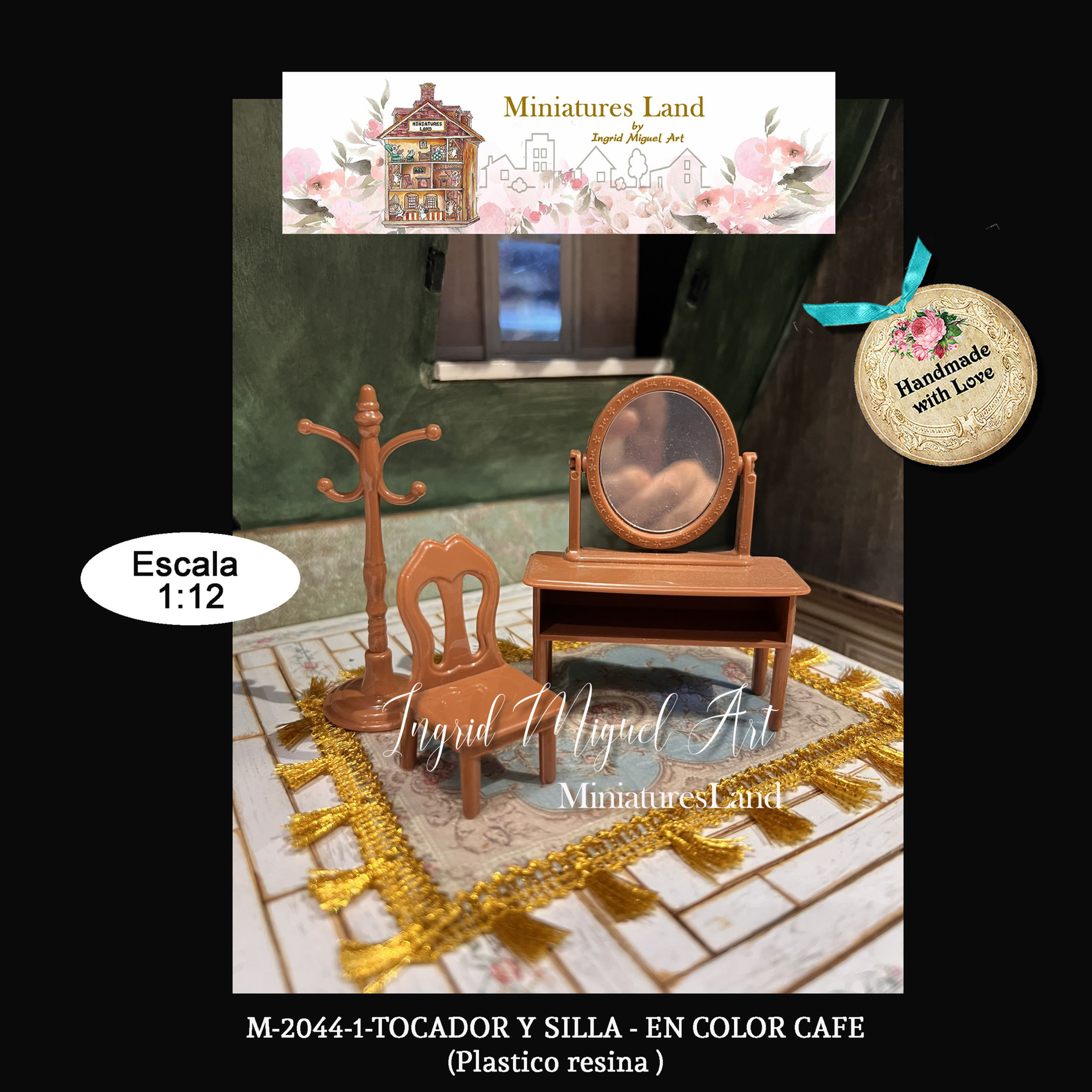 Tocador, silla y perchero en color cafe plastico /Miniatura/M-2100